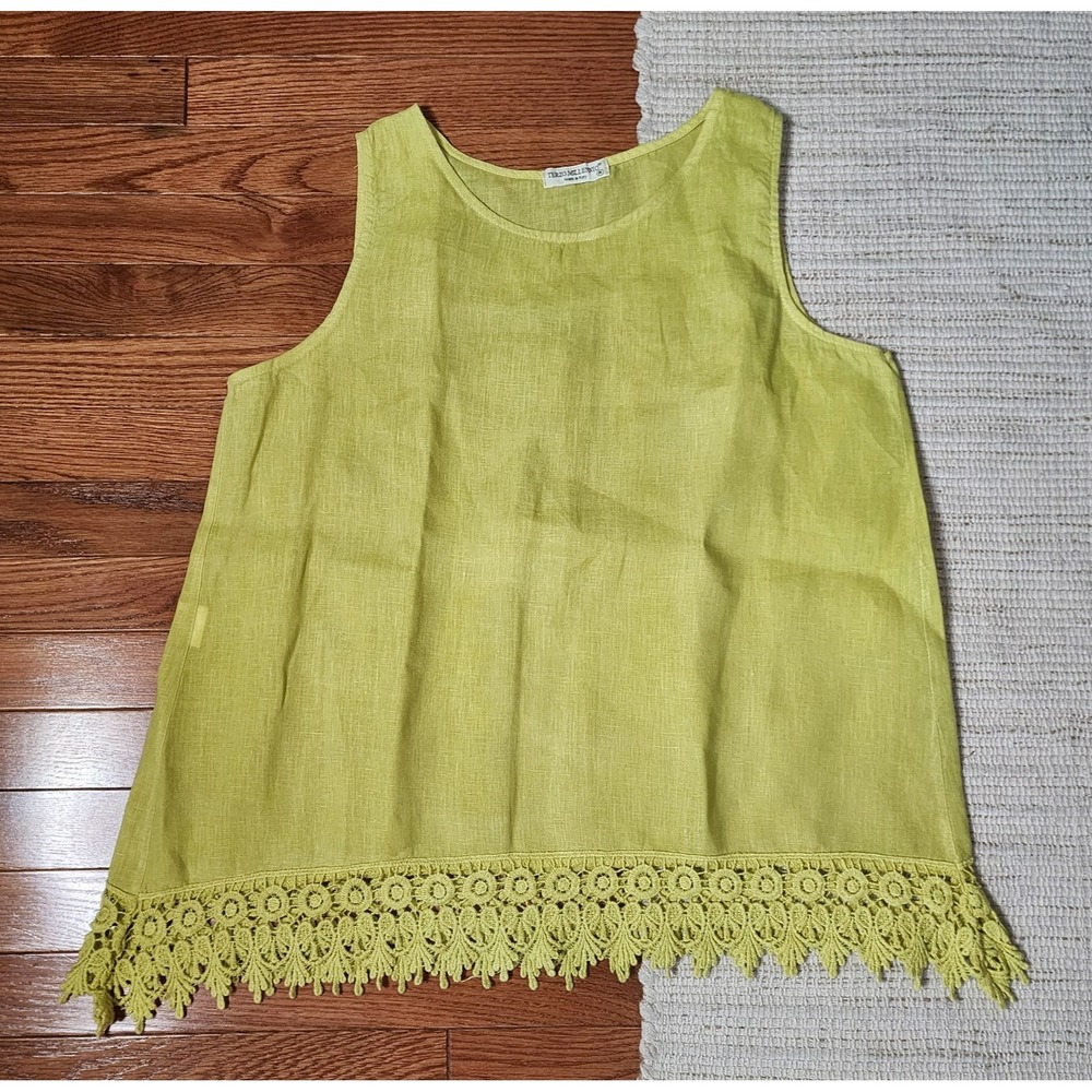 Terzo Millennio Linen‎ Sleeveless Top Yellow Crochet Trim Round Neck M
